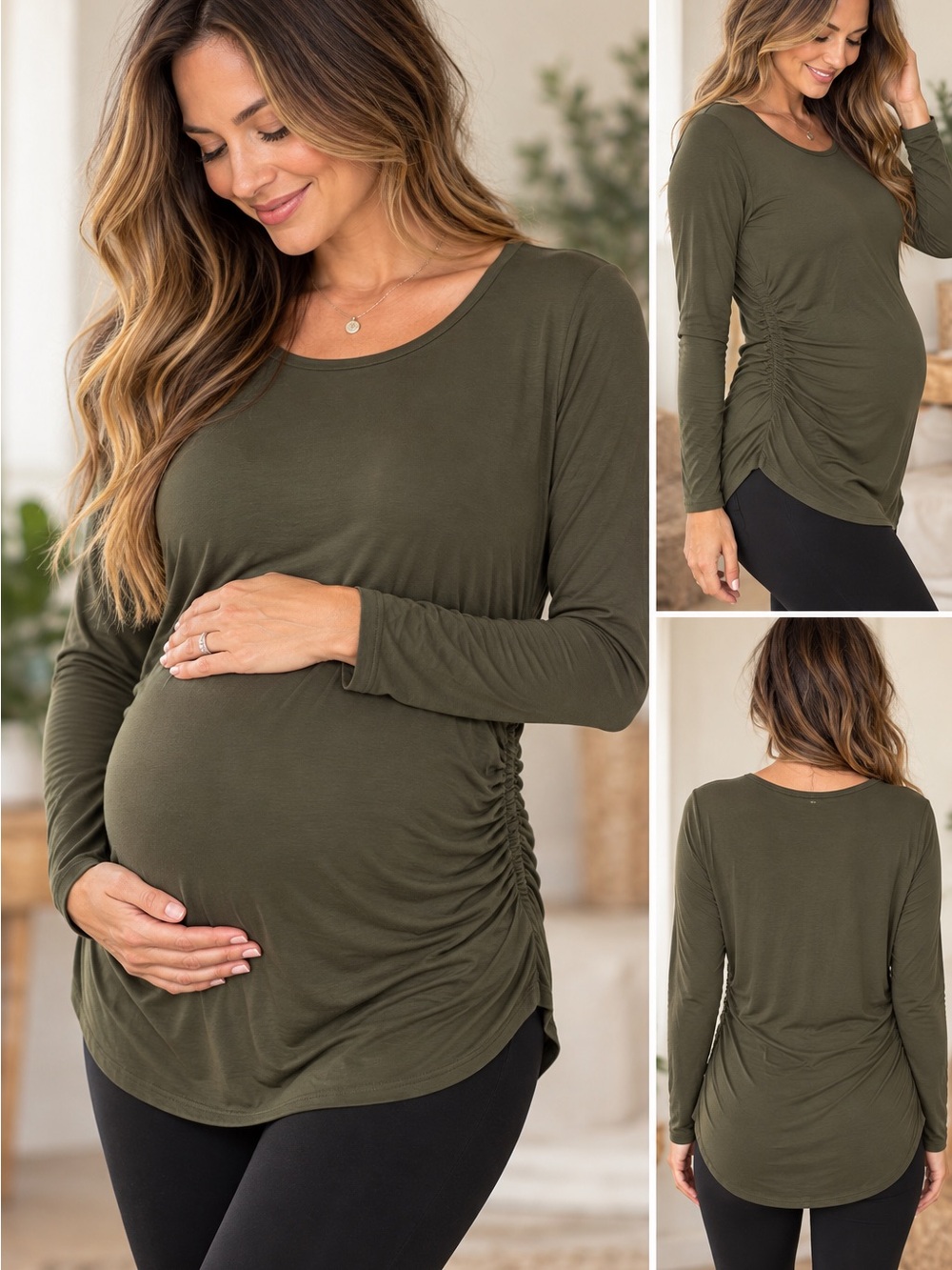 Maternity Side-Ruched Long-Sleeve Top - Olive